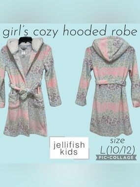 Girls Jellifish Kids Cozy Plush Faux Sherpa Hood Leopard Print Robe Size L10/12